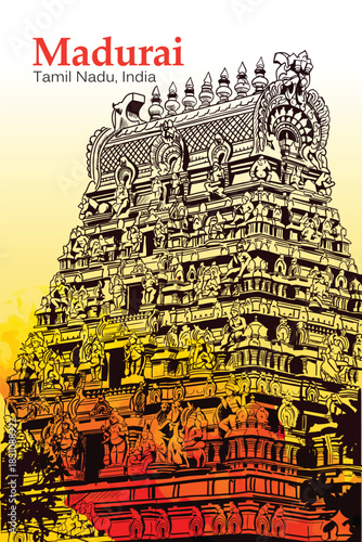 Azhagar Temple Madurai – Traditional Tamil Nadu Heritage Illustration