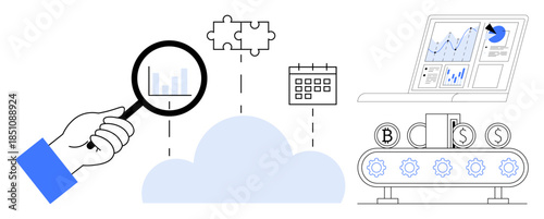 Data management, cloud computing, analytics, business strategy, workflow optimization, technology innovation. Magnifying glass exploring data over a cloud with elements thumbs up a calendar
