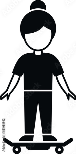 Young girl with hair bun standing on a skateboard