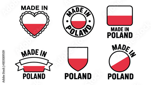 Collection of stylized labels and badges featuring the Polish flag, signifying origin and quality.