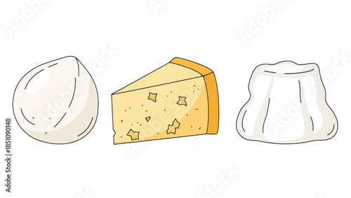 Illustration of various cheese types including a round ball, a wedge, and a dollop, suitable for food or culinary themes