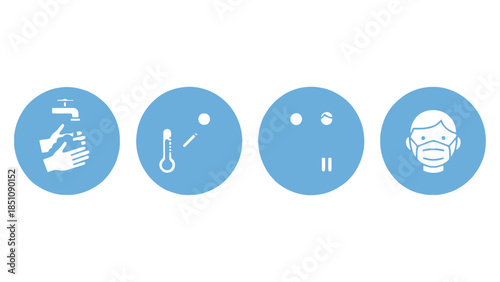 Four blue circular icons illustrating hygiene, temperature check, social distancing, and face mask wearing for public health.