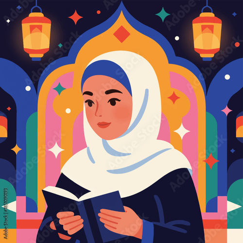 Illustration Of Muslim Women Celebrating Ramadan Kareem At Night With Lanterns Vector Design Template