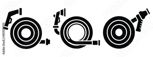 agricultural watering hose silhouette icon set. agriculture, plant-based lifestyle symbols