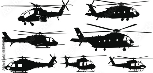 Helicopter silhouette vector set, military aircraft icons, rotorcraft shapes, aviation design elements, black helicopter profiles, isolated transport helicopter illustrations