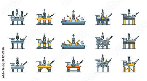 Oil rig and offshore platform industry icons collection