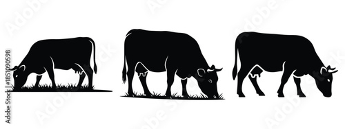 cow grazing silhouette icon set. agriculture, plant-based lifestyle symbols