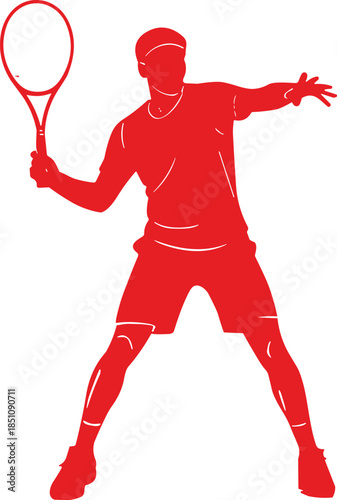 Red tennis player silhouette, sports vector illustration, athletic pose, tennis action, racket grip, dynamic movement, competitive game, fitness concept, isolated design