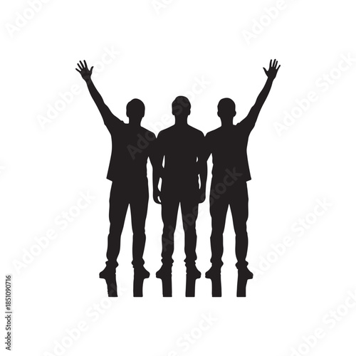 Three silhouetted people standing together with raised arms