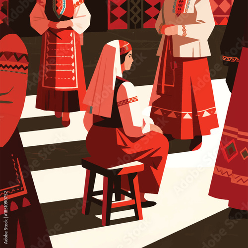 Illustration Of People Wearing Traditional Clothes With A Woman Sitting On A Bench Vector Design Template