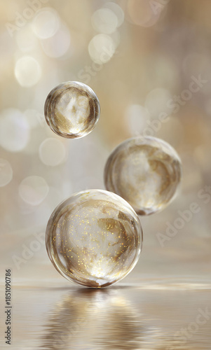 Abstract 3D background with floating glass spheres and golden glitter dust on soft bokeh background with liquid reflection