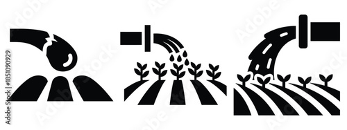 crop irrigation flow silhouette icon set. agriculture, plant-based lifestyle symbols