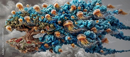 Surreal Tree With Jellyfish Clouds Floating Across Stormy Sky