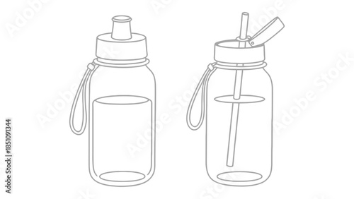 Two illustrated water bottles, one closed and one open with a straw, showing clear liquid inside.