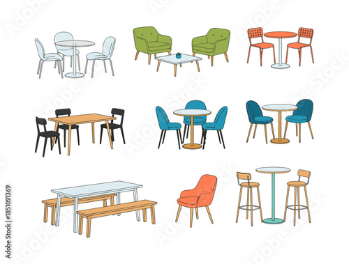 Furniture collection showing various modern tables and chairs