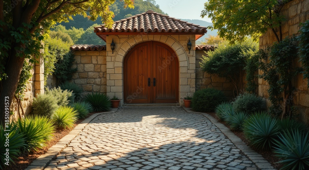 Fototapeta premium Stone pathway leading to a wooden door in a stone wall