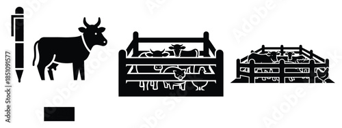farm animal pen silhouette icon set. agriculture, plant-based lifestyle symbols