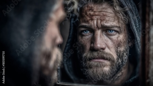 Male Adventurer in Hooded Jacket Stares Into Muddy Mirror, Close-Up Portrait