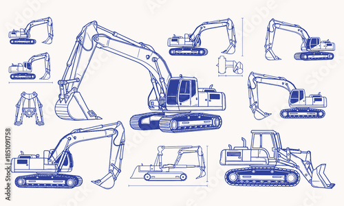 Assortment of Blue Line Excavator and Construction Vehicle Showing Different Angles and Attachments on a Light Beige Background