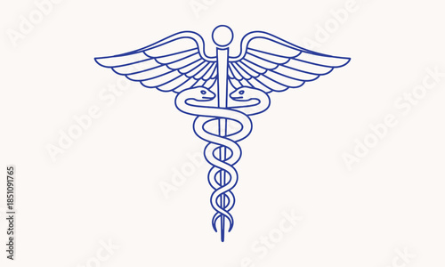 A single blue line of the Caduceus medical symbol with wings and two intertwined snakes on a light cream background with no punctuation in the title and a length between 100 and 200 characters