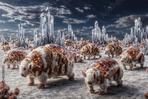 Surreal Fantasy Animals in Glass Shelters Trek Across Icy Plain Toward Crystal City Spires Under Twilight Sky