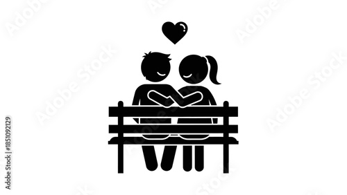 A simple black and white pictogram of a loving couple sitting on a park bench with a heart above them.