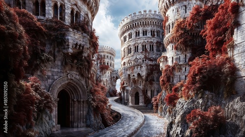 Winding Stone Road Between Towering Castles Amid Red Foliage Medieval