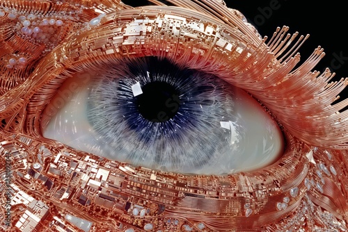 Close Up Eye With Copper Circuitry Frame and Metallic Fibers, Futuristic Tech Art