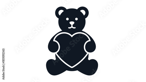 Simple black silhouette of a teddy bear holding a heart, perfect for children's themes or love symbols.