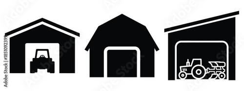 farm equipment shed silhouette icon set. agriculture, plant-based lifestyle symbols