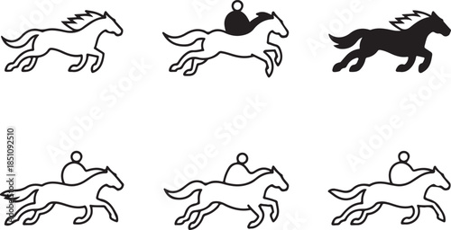 Running Horse line art Icon Set, Jockey Racing Horse Black and White Vector Silhouettes