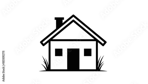 Simple black and white line art illustration of a house with a chimney and grass.