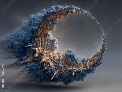 Surreal Circular City Ring Surrounded by Clouds and Smoke Above a Desolate Sky at Dusk