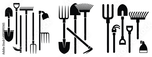 farm hand tools silhouette icon set. agriculture, plant-based lifestyle symbols