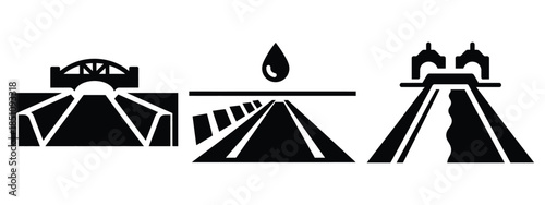 farm irrigation canal silhouette icon set. agriculture, plant-based lifestyle symbols