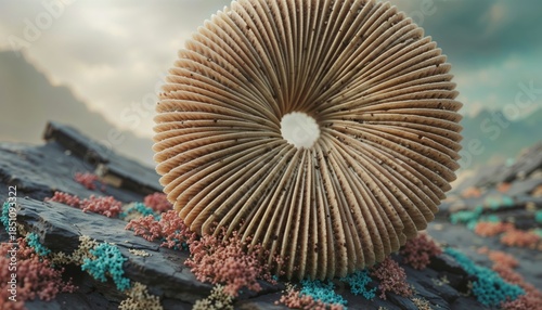 Close-Up Of Circular Mushroom Ring On Rock Surface With Colorful Moss Under Soft Sunrise Sky