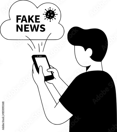 A person looks at a smartphone, from which a cloud with Fake News text and a virus icon flies out. The concept of disinformation, digital propaganda, and deepfakes.