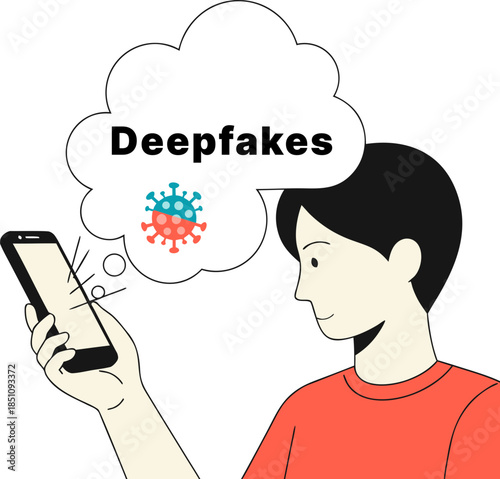 A person looks at a smartphone, from which a cloud with Deepfakes text and a virus icon flies out. The concept of disinformation, digital propaganda, and deepfakes.
