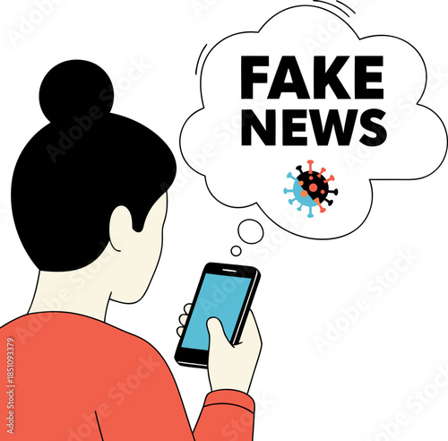 A person looks at a smartphone, from which a cloud with Fake News text and a virus icon flies out. The concept of disinformation, digital propaganda, and deepfakes.