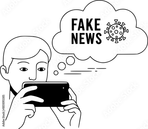 A person looks at a smartphone, from which a cloud with Fake News text and a virus icon flies out. The concept of disinformation, digital propaganda, and deepfakes.