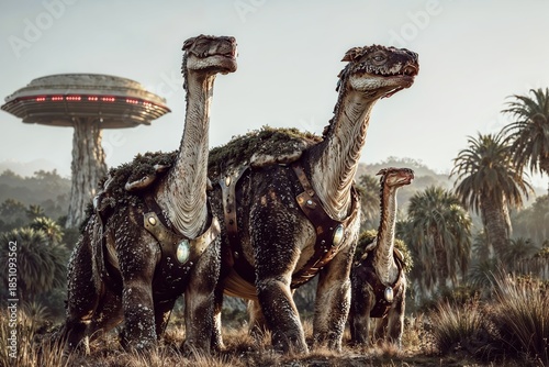 Three Armored Dinosaurs Walk Through Desert Landscape With Futuristic UFO in Background