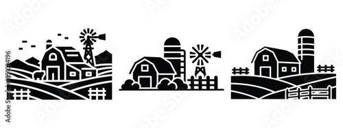 farm rural landscape silhouette icon set. agriculture, plant-based lifestyle symbols