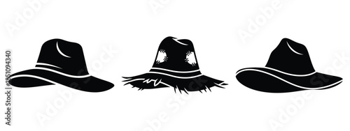 farm scarecrow hat silhouette icon set. agriculture, plant-based lifestyle symbols