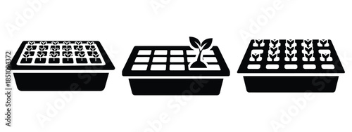farm seedling tray silhouette icon set. agriculture, plant-based lifestyle symbols