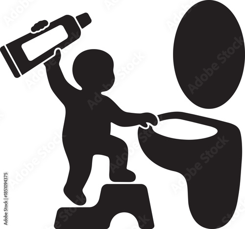 Child playing with toothpaste over toilet and stool, bathroom hygiene concept