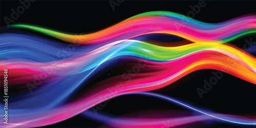 An abstract colorful wave design featuring a vibrant rainbow flow and blue fractal motion creates a stylish light effect pattern for this artistic vector illustration backdrop
