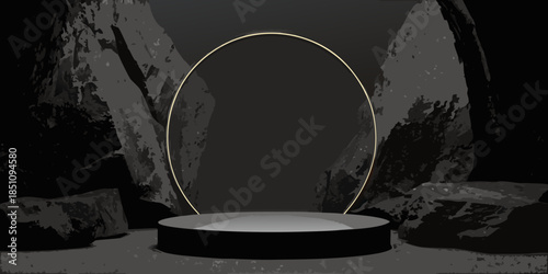 A dark mysterious stage with a glowing archway and pedestal