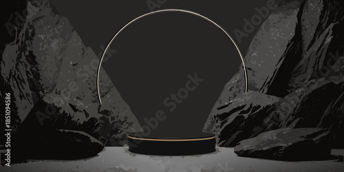 Dramatic spotlight on a dark pedestal within a rugged rocky landscape