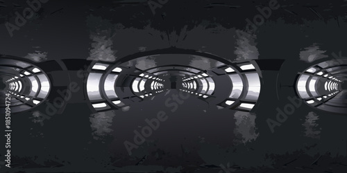 An endless mirrored hallway with circular light fixtures creates a futuristic illusion