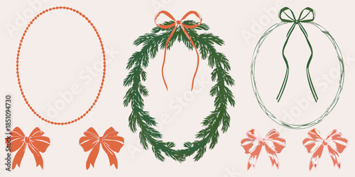 Festive christmas decorations wreaths garlands and bows in a hand drawn style